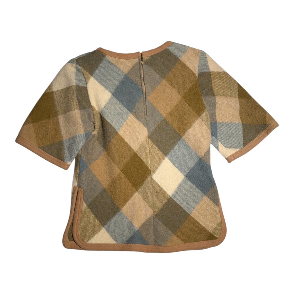 Vtg 1950s Petti Brown Tan Blue Plaid Wool Felt Back Zip Short Sleeve Top Sz S - Picture 2 of 4